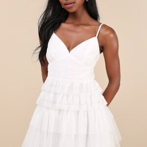 Lulus Special Poise White Tulle Pleated Sleeveless Tiered Mini Dress - Size M